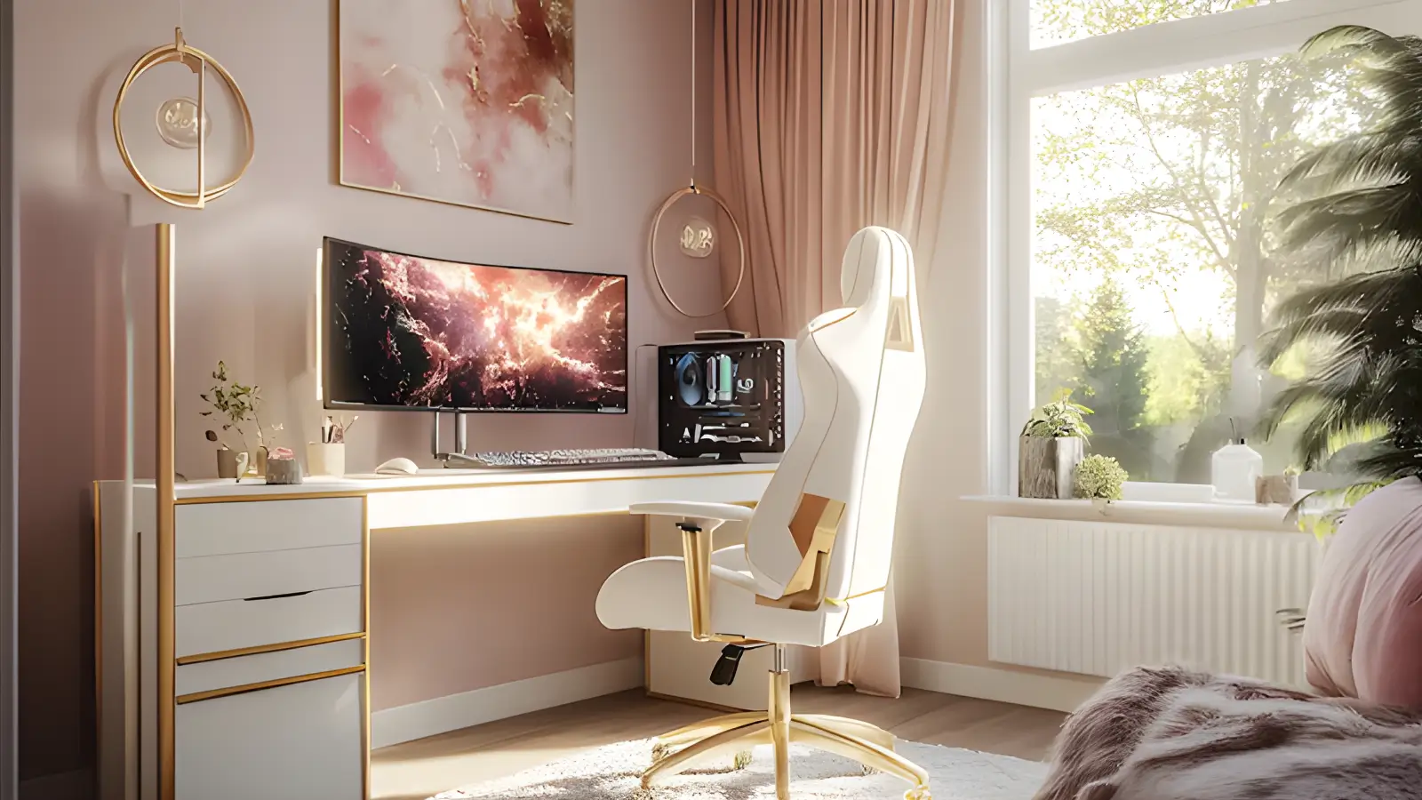 A feminine blush and gold home office with a white desk, gold accents, ergonomic chair, and soft natural light.