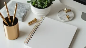 A styled blush and gold desk with a gold desk organizer, small plant, marble coaster, and neatly managed cables.