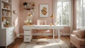 A complete blush and gold home office showing layered lighting, styled desk, gold accents, textiles, and wall decor in a cohesive design. 