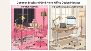 Side-by-side comparison of a blush home office with design mistakes versus a corrected version with balanced color and tidy cables.