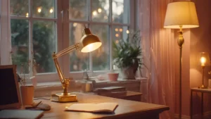 A blush and gold home office at evening showing three lighting layers: natural window light, a gold desk lamp, and a warm ambient floor lamp.