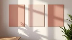 Three large blush paint swatches tested on a home office wall in natural daylight, showing peach-blush, true-pink, and mauve undertone variations.