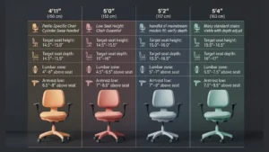 Best Ergonomic Chairs Petite Women Guide (2026) | Top Picks for 5'4" and Under 7 Reference chart showing ideal office chair specifications for women from 4 feet 11 inches to 5 feet 4 inches tall.