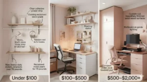 Three small closet offices shown side by side representing budget, mid-range, and premium cloffice setups.