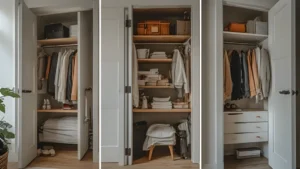 Side-by-side illustration of a reach-in closet, walk-in closet, and under-stair closet each converted into a small home office.