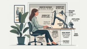 Diagram showing proper ergonomic setup in a closet office with monitor height, chair position, and lighting placement.