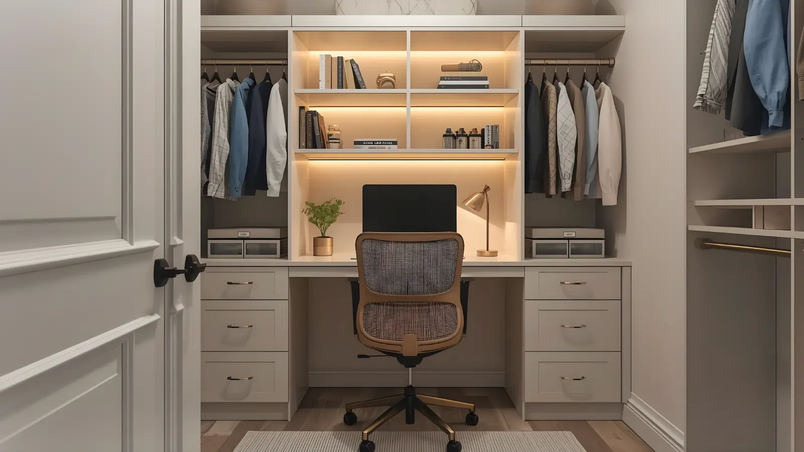 Cloffice Ideas - A stylish small closet converted into a functional home office with desk, chair, shelves, and soft lighting.