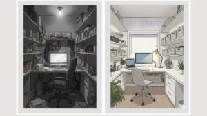 Split image showing a cluttered, poorly lit closet office on the left versus a clean, well-organized cloffice on the right.