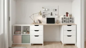Closet office setup using IKEA ALEX drawer units supporting a LAGKAPTEN tabletop with a KALLAX shelf unit to the side.