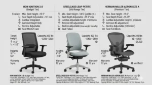 Best Ergonomic Chairs Petite Women Guide (2026) | Top Picks for 5'4" and Under 8 Side-by-side visual comparison of three ergonomic office chairs suitable for petite women showing the HON Ignition, Steelcase Leap, and Herman Miller Aeron Size A.